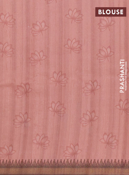 Semi raw silk saree peach shade and coffee brown with mirror embroidery buttas and long kalamkari printed embroidery border
