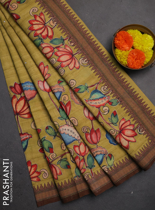 Semi raw silk saree mustard yellow and coffee brown with mirror embroidery buttas and long kalamkari printed embroidery border