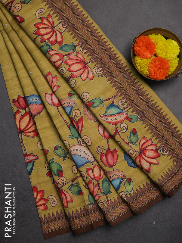 Semi raw silk saree mustard yellow and coffee brown with mirror embroidery buttas and long kalamkari printed embroidery border
