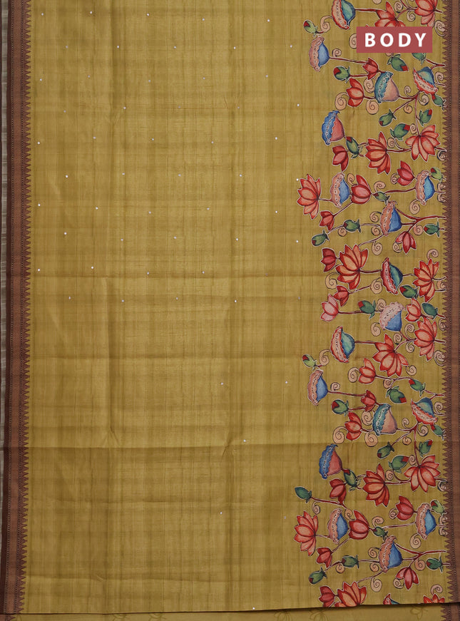 Semi raw silk saree mustard yellow and coffee brown with mirror embroidery buttas and long kalamkari printed embroidery border