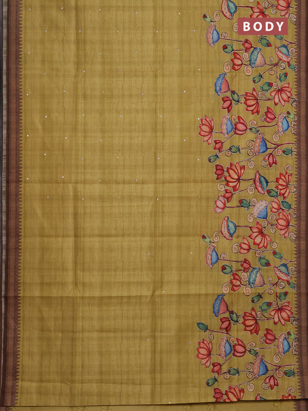 Semi raw silk saree mustard yellow and coffee brown with mirror embroidery buttas and long kalamkari printed embroidery border