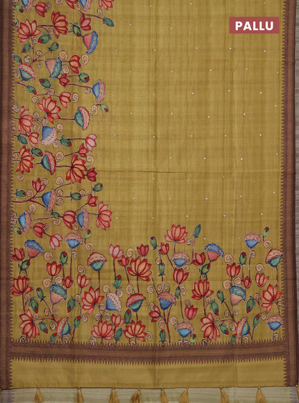 Semi raw silk saree mustard yellow and coffee brown with mirror embroidery buttas and long kalamkari printed embroidery border