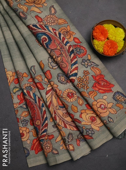 Semi raw silk saree pastel green shade with plain body and long kalamkari printed embroidery border