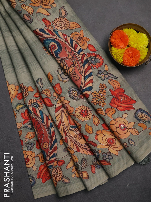 Semi raw silk saree pastel green shade with plain body and long kalamkari printed embroidery border