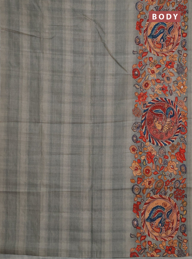 Semi raw silk saree pastel green shade with plain body and long kalamkari printed embroidery border