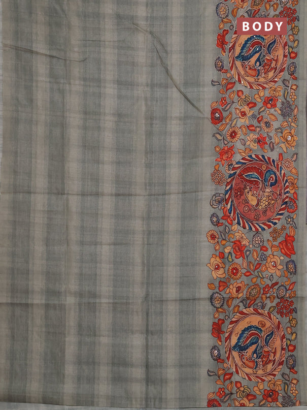 Semi raw silk saree pastel green shade with plain body and long kalamkari printed embroidery border