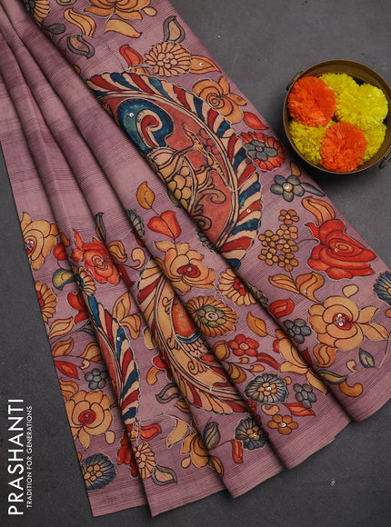 Semi raw silk saree pastel pink with plain body and long kalamkari printed embroidery border
