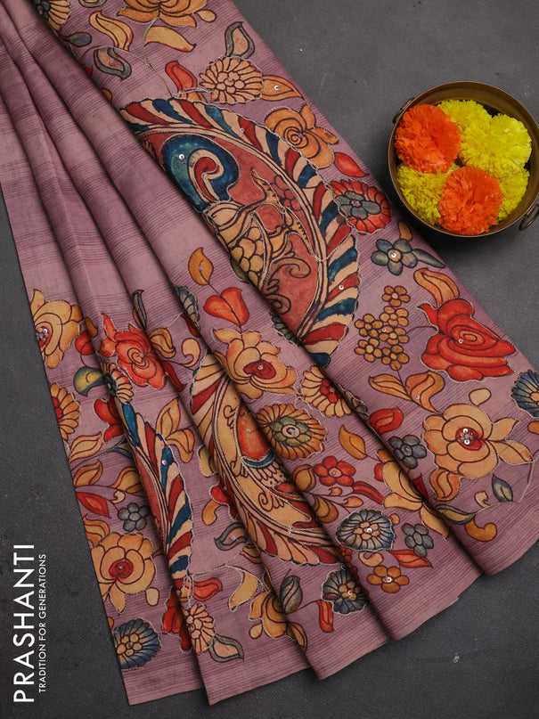 Semi raw silk saree pastel pink with plain body and long kalamkari printed embroidery border
