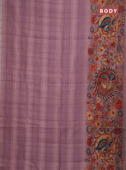 Semi raw silk saree pastel pink with plain body and long kalamkari printed embroidery border