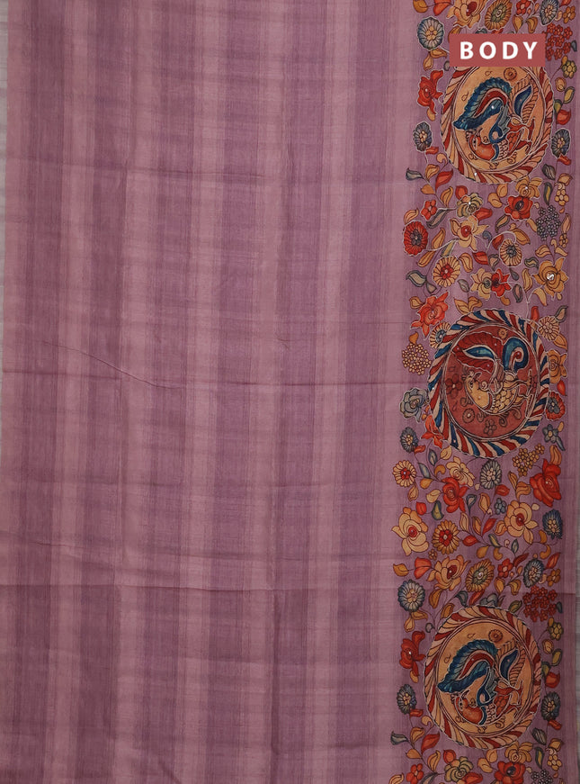 Semi raw silk saree pastel pink with plain body and long kalamkari printed embroidery border