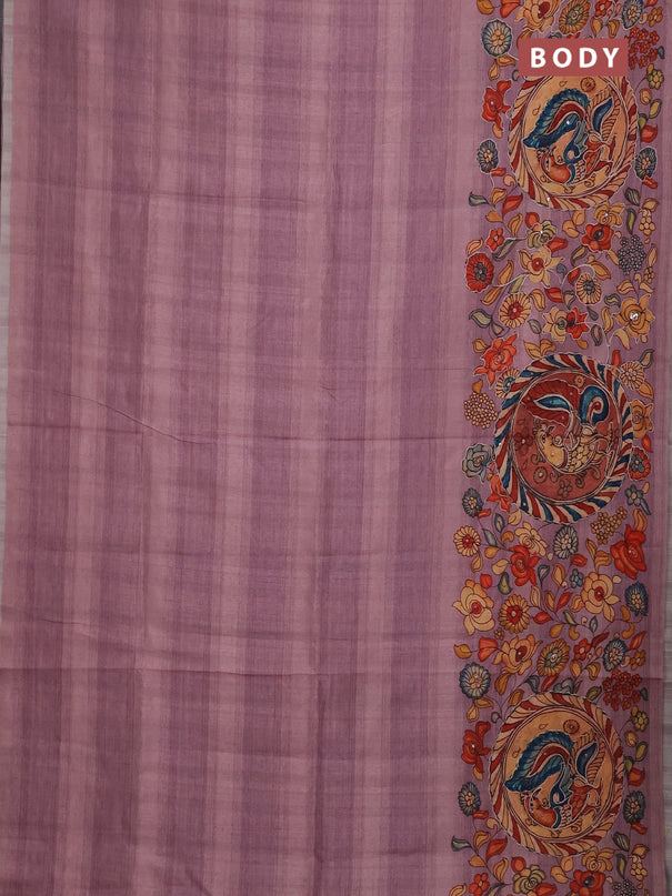 Semi raw silk saree pastel pink with plain body and long kalamkari printed embroidery border