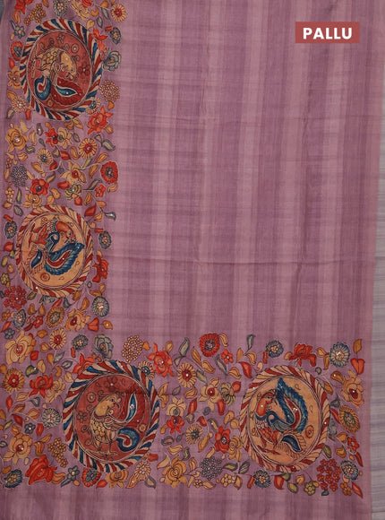 Semi raw silk saree pastel pink with plain body and long kalamkari printed embroidery border
