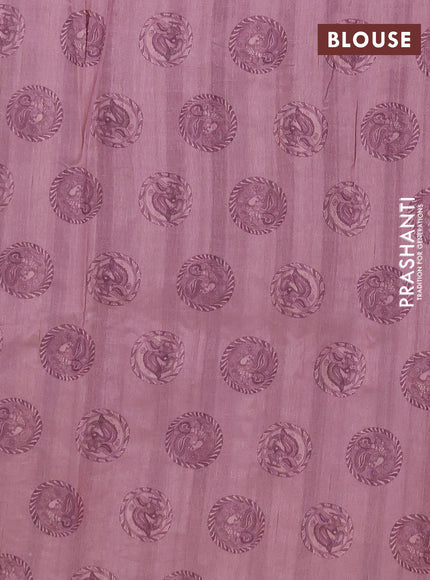 Semi raw silk saree pastel pink with plain body and long kalamkari printed embroidery border