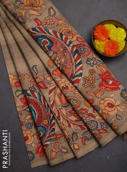 Semi raw silk saree dark beige with plain body and long kalamkari printed embroidery border