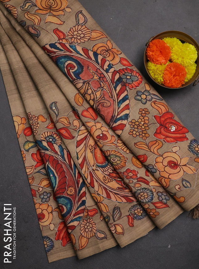 Semi raw silk saree dark beige with plain body and long kalamkari printed embroidery border