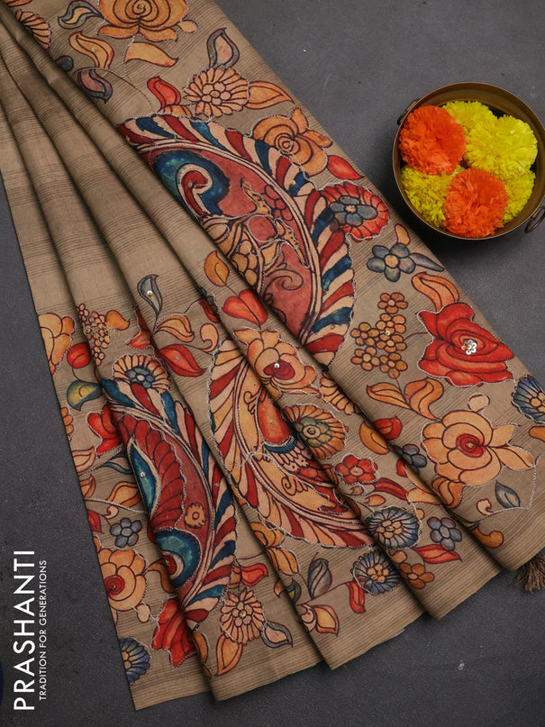 Semi raw silk saree dark beige with plain body and long kalamkari printed embroidery border