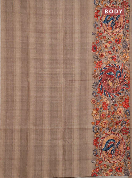 Semi raw silk saree dark beige with plain body and long kalamkari printed embroidery border