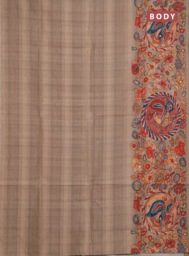 Semi raw silk saree dark beige with plain body and long kalamkari printed embroidery border