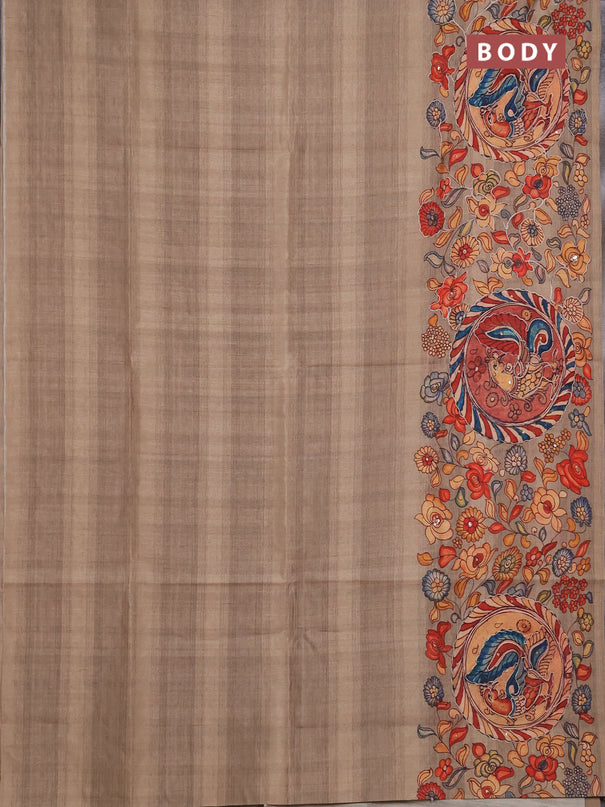 Semi raw silk saree dark beige with plain body and long kalamkari printed embroidery border