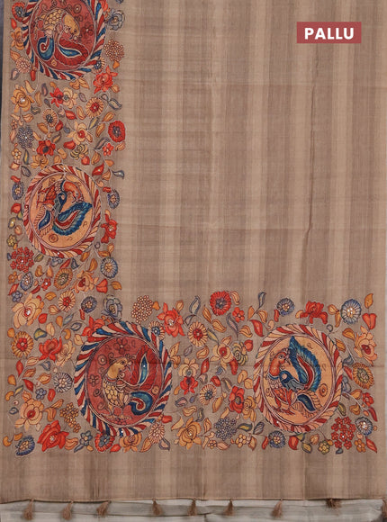 Semi raw silk saree dark beige with plain body and long kalamkari printed embroidery border
