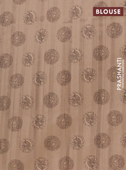 Semi raw silk saree dark beige with plain body and long kalamkari printed embroidery border