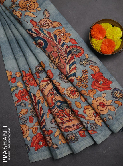 Semi raw silk saree pastel blue with plain body and long kalamkari printed embroidery border