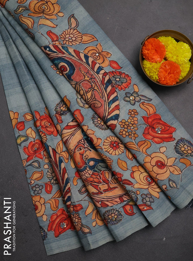 Semi raw silk saree pastel blue with plain body and long kalamkari printed embroidery border