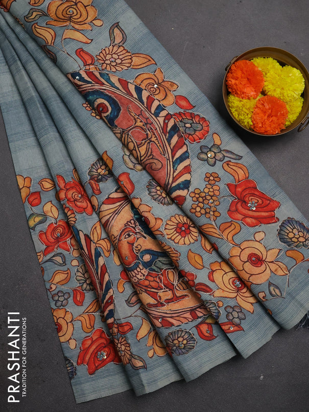 Semi raw silk saree pastel blue with plain body and long kalamkari printed embroidery border