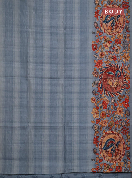 Semi raw silk saree pastel blue with plain body and long kalamkari printed embroidery border