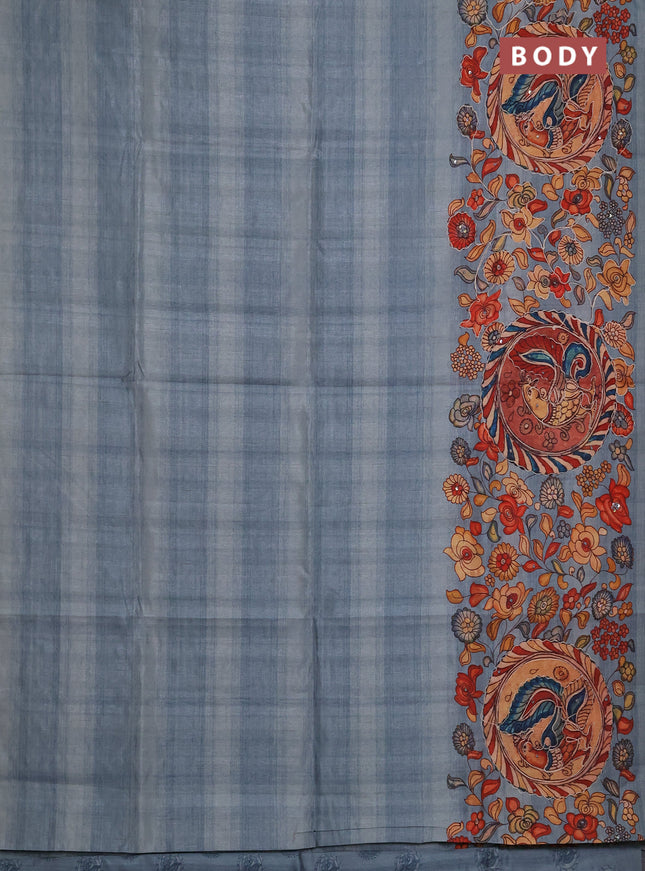 Semi raw silk saree pastel blue with plain body and long kalamkari printed embroidery border