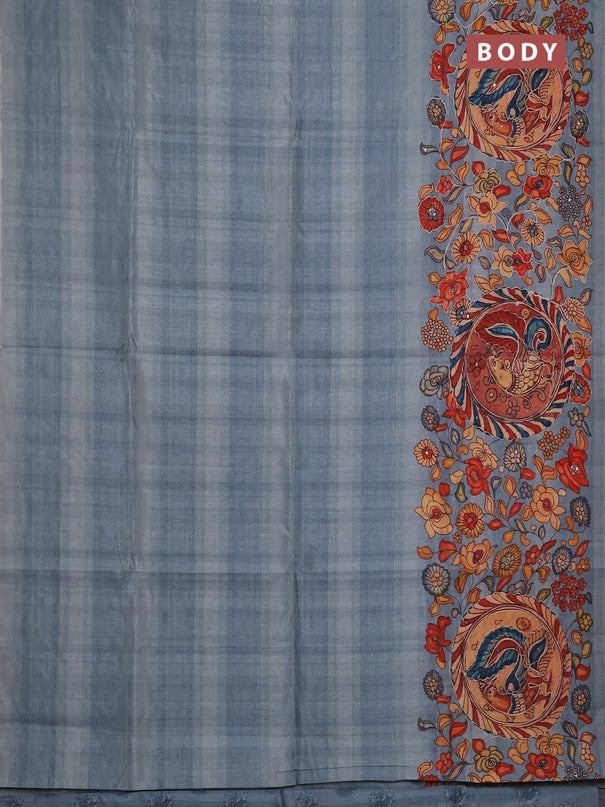 Semi raw silk saree pastel blue with plain body and long kalamkari printed embroidery border