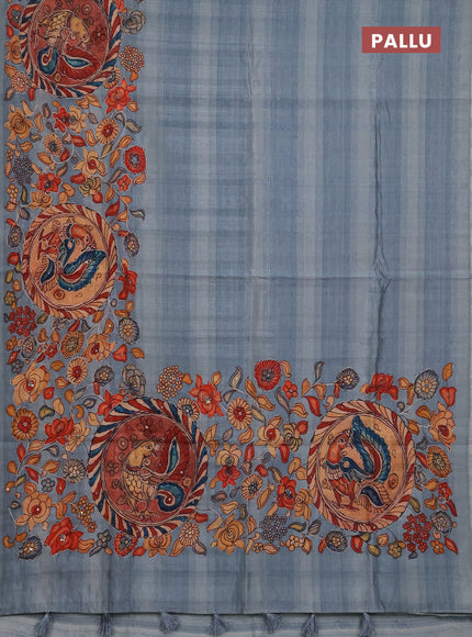 Semi raw silk saree pastel blue with plain body and long kalamkari printed embroidery border