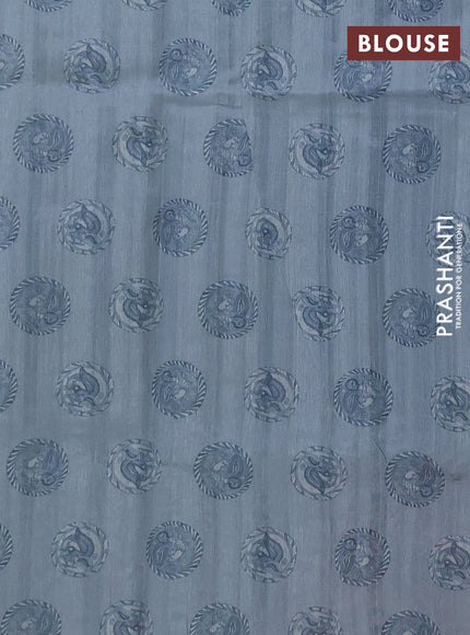 Semi raw silk saree pastel blue with plain body and long kalamkari printed embroidery border