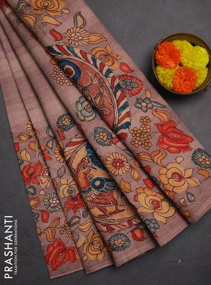 Semi raw silk saree rosy brown with plain body and long kalamkari printed embroidery border
