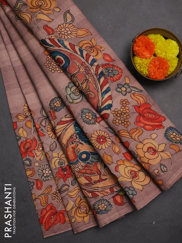 Semi raw silk saree rosy brown with plain body and long kalamkari printed embroidery border