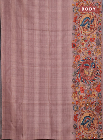 Semi raw silk saree rosy brown with plain body and long kalamkari printed embroidery border