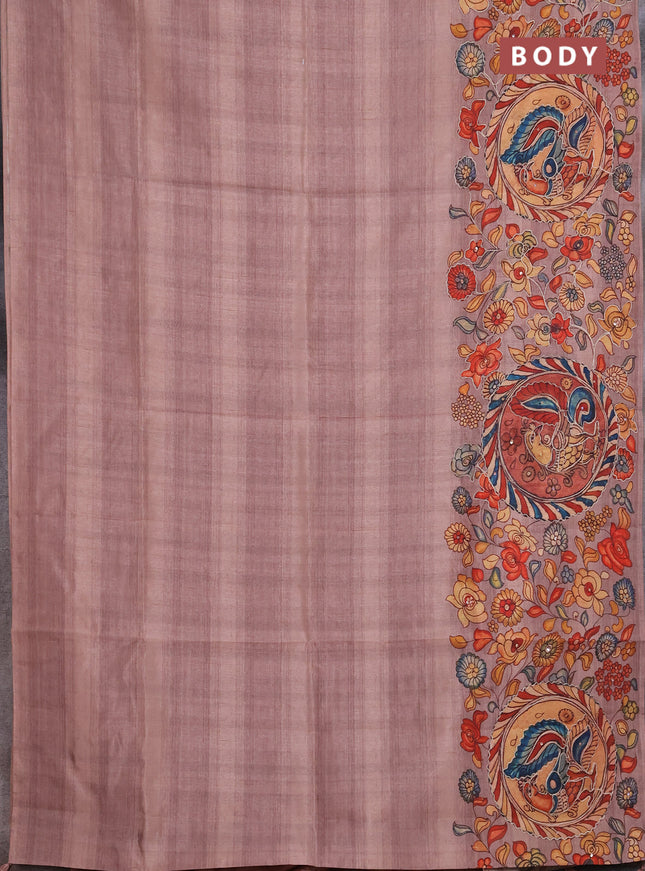 Semi raw silk saree rosy brown with plain body and long kalamkari printed embroidery border