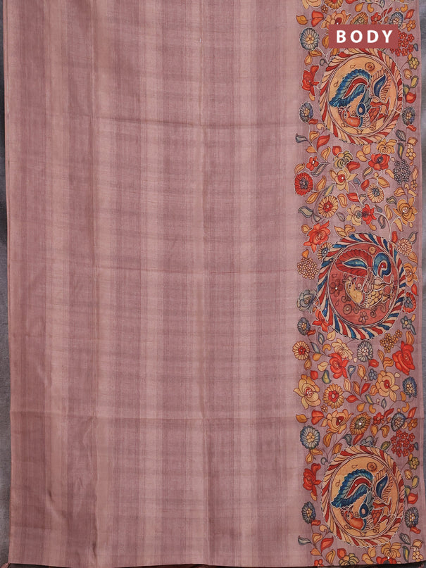 Semi raw silk saree rosy brown with plain body and long kalamkari printed embroidery border