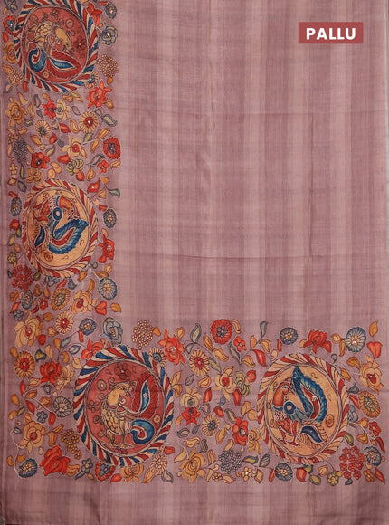 Semi raw silk saree rosy brown with plain body and long kalamkari printed embroidery border