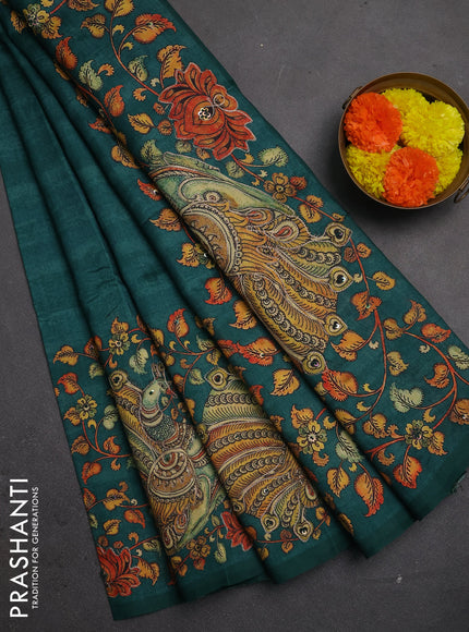 Semi raw silk saree green with plain body and long kalamkari printed embroidery border