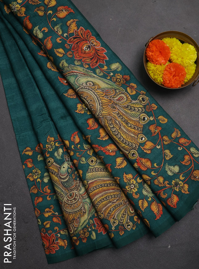 Semi raw silk saree green with plain body and long kalamkari printed embroidery border