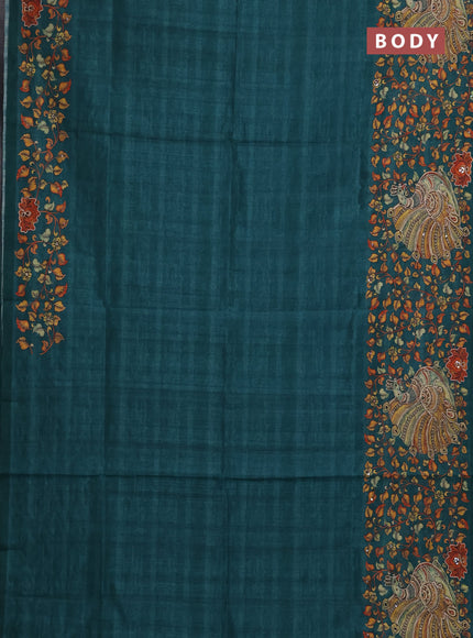 Semi raw silk saree green with plain body and long kalamkari printed embroidery border