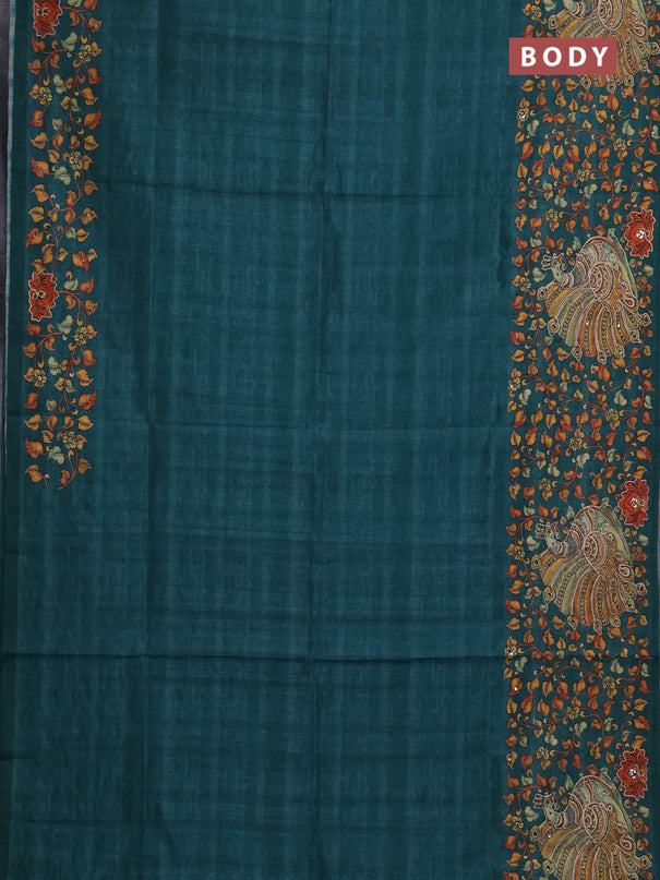 Semi raw silk saree green with plain body and long kalamkari printed embroidery border
