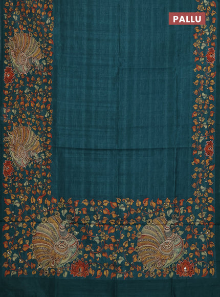 Semi raw silk saree green with plain body and long kalamkari printed embroidery border