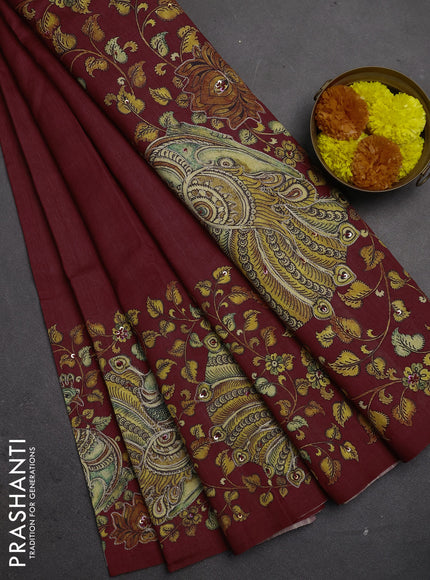 Semi raw silk saree maroon with plain body and long kalamkari printed embroidery border