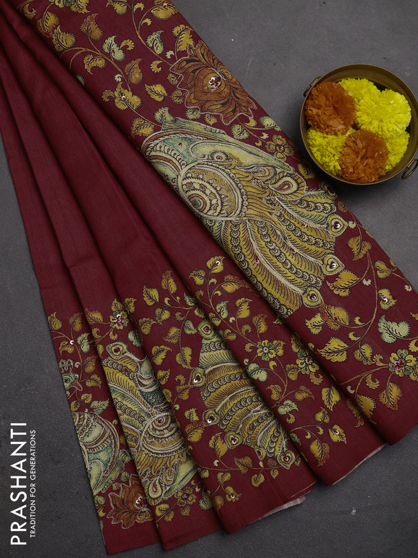 Semi raw silk saree maroon with plain body and long kalamkari printed embroidery border