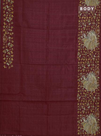 Semi raw silk saree maroon with plain body and long kalamkari printed embroidery border