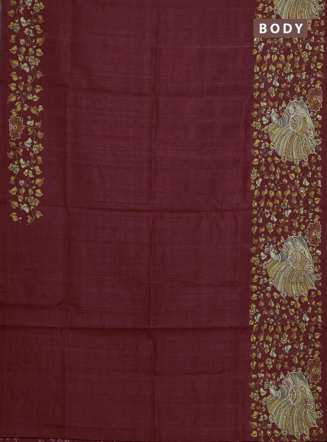 Semi raw silk saree maroon with plain body and long kalamkari printed embroidery border