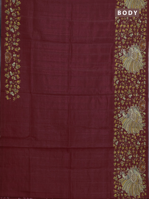 Semi raw silk saree maroon with plain body and long kalamkari printed embroidery border