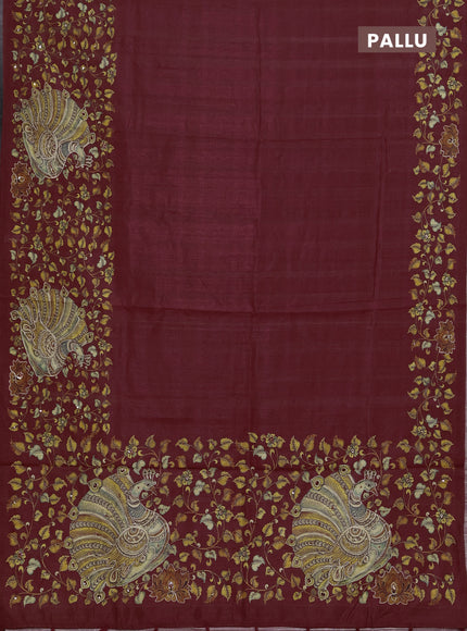 Semi raw silk saree maroon with plain body and long kalamkari printed embroidery border